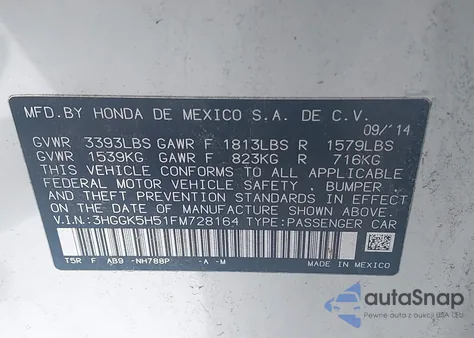 2015 Honda Fit Lx z USA, uszkodzony, nr VIN 3HGGK5H51FM728164